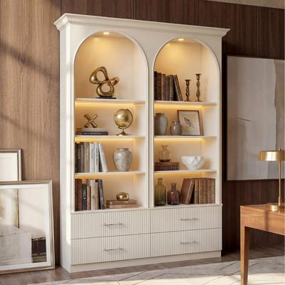 Homsee Modular Bookcase with LED Lights, Glass Door Storage Cabinet with Drawers, Large Display Shelving Unit Sideboard
