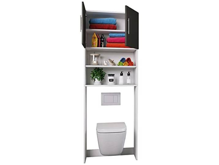VCM Badmöbel Hochschrank Weiß/Schwarz 64x25x190 cm Badezimmerschrank Viel Stauraum für Handtücher und Pflegeprodukte - im Badezimmer oder Gäste-WC - für Familien und Singles - Holzwerkstoff
