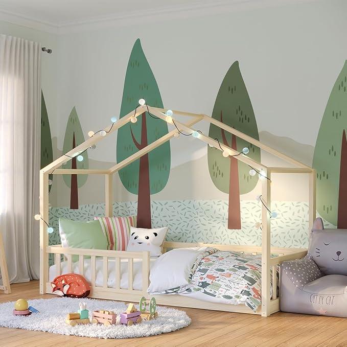 Bia Kinderbett 90x200 cm, Bodenbett, Natur, mit Rausfallschutz