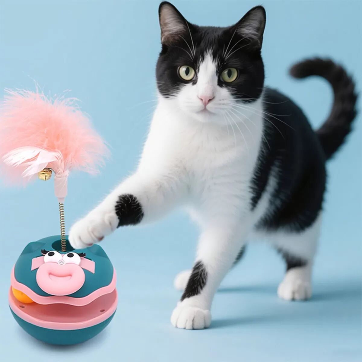 INF Interaktives Taumel-Katzenspielzeug mit Glocke und Feder, kompatibel mit allen Katzen Blau