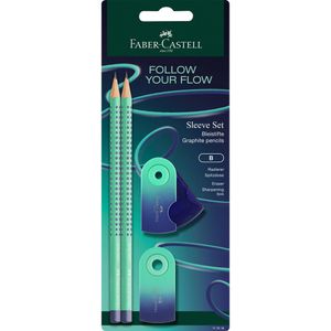 Faber-Castell Schreibset Grip Sleeve Set Buzzing Blue 4-teilig, Bleistift Härte B, Radiergummi und Spitzer