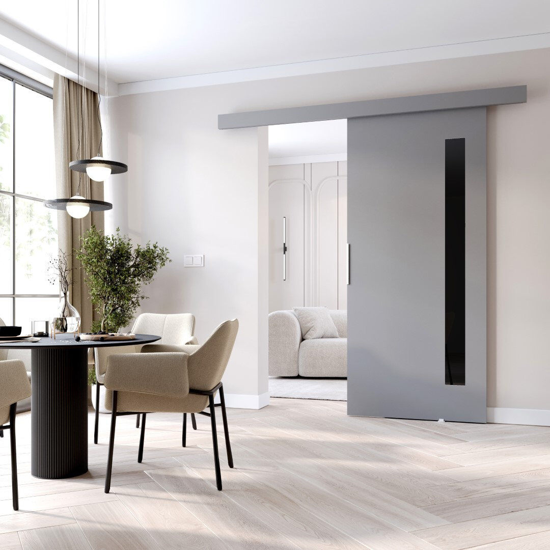 Latitude Run Calliope Veneers Sliding Doors Grey 205cm H x 76cm W x 1.6cm D