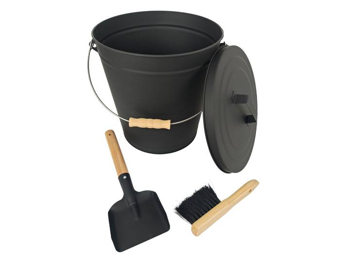 Ascheeimer mit Feger & Schaufel 20 Liter Schwarz