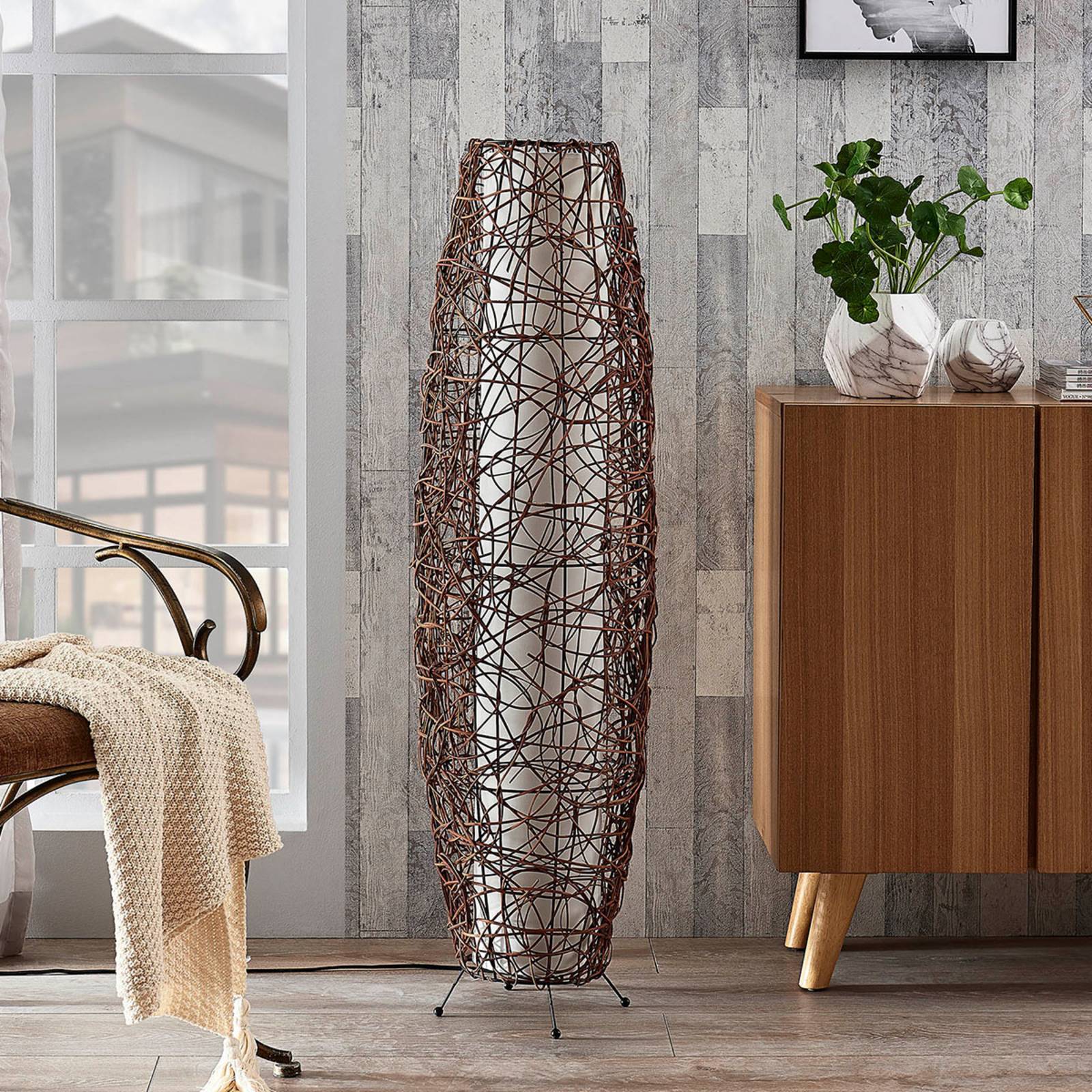 Floor Lamp Nias Lindby, Brown / rust, Living / Dining Room, Wood, Modern, Floor Lamp