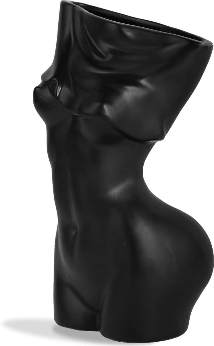 Glanzend zwarte keramische vaas met vrouwelijke sculptuur voor bloemdecoratie, Hoogte: 190,5 cm