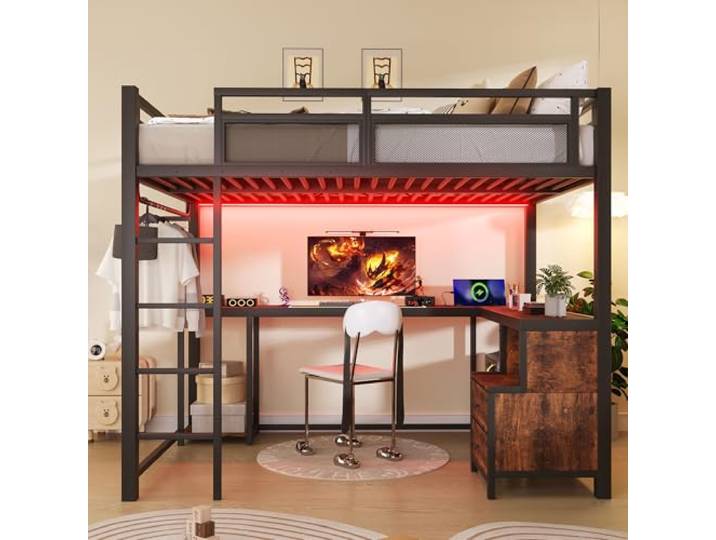 DUlVBPE Metall-Hochbett(140x200cm) mit LED-Beleuchtung, USB-Ladestation, Schreibtisch & Ablagefächern