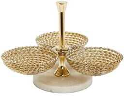Classic Touch Triple Bowl Relish Dish Gold Rope Design and Marble Base