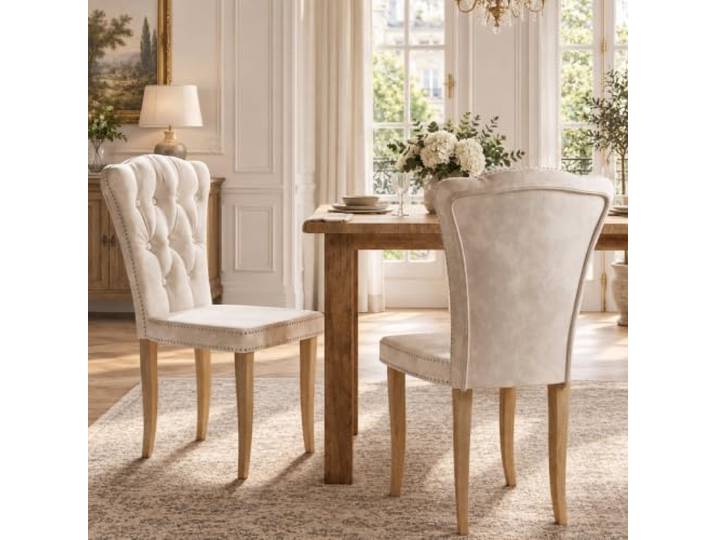 Esszimmerstühle 2er Set, Samt Polsterstühle mit Knopfheftung, Beige Hohe Rückenlehne, weiche Polsterung, Ziernieten, stabile Holzbeine, 300 lbs Belastbarkeit, ergonomischer Sitzkomfort