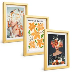 BILDER SET 3er Set - 20x30 cm Goldrahmen - Blumenporträts mit Blumensträußen