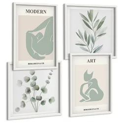 BILDER SET 4er Set - 50x50 cm & 40x60 cm Weißer Rahmen - Pflanzenmotive, zartes Grün
