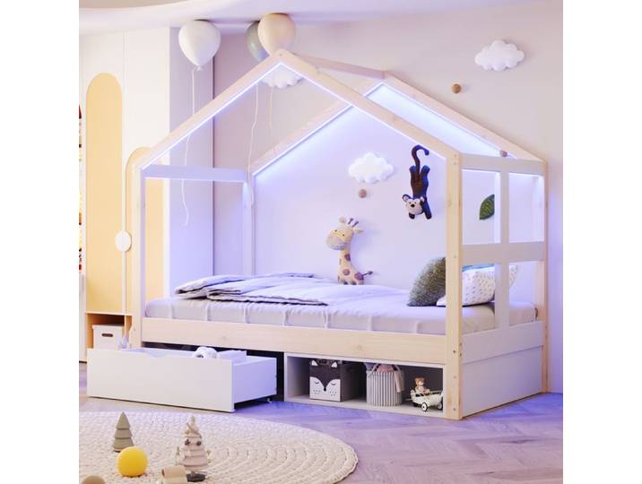 Lit simple cabane bois naturel 90 × 190 avec LED multicolore rangement sans matelas
