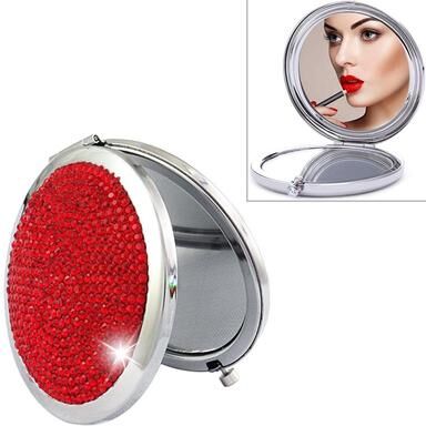 Inspired Deals Dabond Compact Makeup Mirror Diamond Metal Portable Makeup Mirror Double Sided Folding Round Mirror red