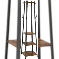 Garderobenständer mit Kleiderstangen, 3 Ablagen, Haken, matt schwarze Stahlgestell , Holzoptik, Industrie-Design, Vintagebraun-schwarz