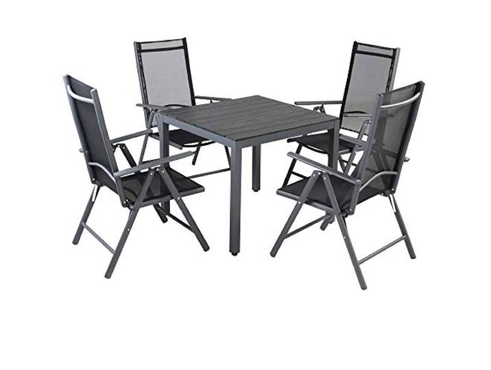 Casaria Aluminium Tuinset 4 Klapstoelen Hoge Rug WPC Tuintafel 80x80 cm Tafelset Tuinmeubelset Grijs