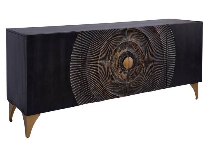 Buffet Solaria 177 cm noir et doré en bois massif de manguier – 4 portes sculptées motif solaire