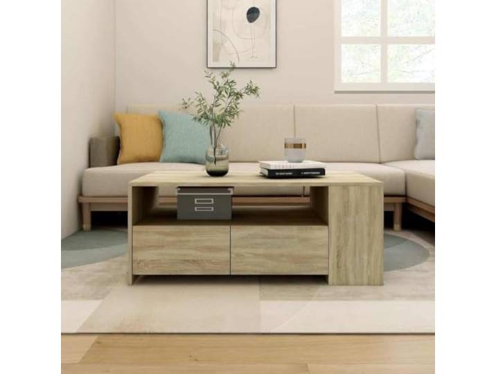 HEFZGDB Couchtisch Sonoma-Eiche 102x55x42 cm Holzwerkstoff mit Ablage Schubladen Stauraum Multifunktional Wohnraum Ordnung