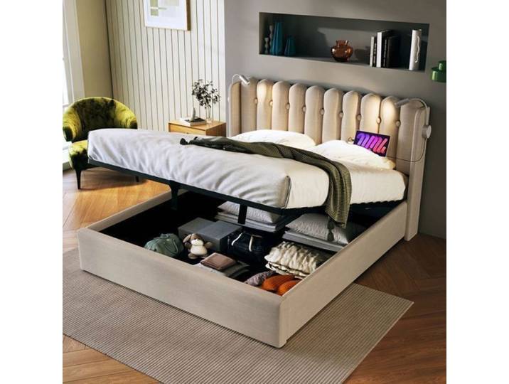 Lit coffre Lit double Lit rangement lit adulte 140x200 cm Naturel Beige O.Ye Beige LIT COMPLET