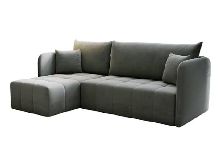KP-Meble - Ecksofa mit Schlaffunktion Santo, Schlafsofa mit Bettkasten Couch, Wohnlandschaft, Bequemer Sitz - Velourstoff mit dekorativer Steppung - Links - Monolith 84 (Grau)