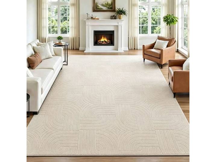 Tapis de Salon 160x230cm Crème Effet 3D Tapis de Salon Antidérapant Lavable Tapis Idéal pour Salon et Chambre Bureau Poils Courts