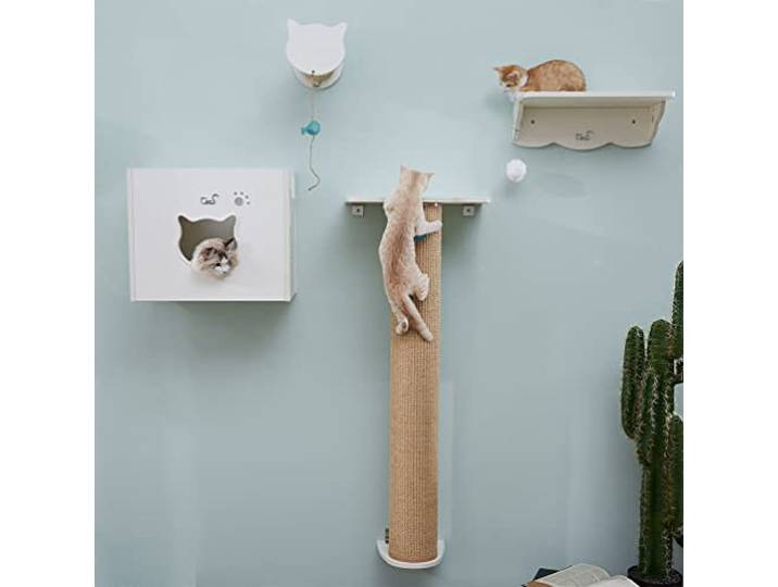 CatS Design Katzen Kletterwand Set XXL große Katzen stabil-Wandkratzbaum-Wandliege-Wandbett kletterstufen- Wandhöhle-Wand Kratzsäule-Wandelemente-4 Teilig Holz Wandpark T1