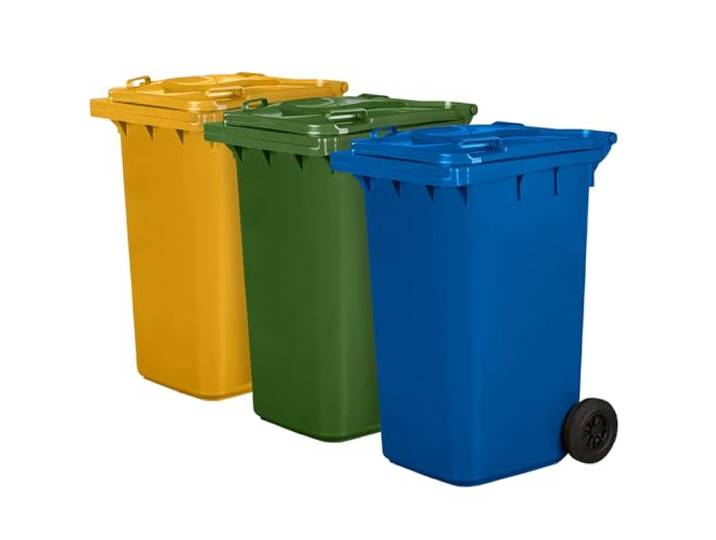 3er Set Mülleimer PN-EN 840 240 Liter mit Rollen System zur mechanischen Entnahme Kunststoff Gelb Grün Blau