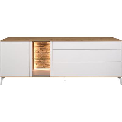 Lowboard MÄUSBACHER, weiß (ice weiß supermatt, asteiche), B:207cm H:78cm T:42cm, Sideboards, Lowboard, Faro Lowboard B 207 cm, inkl. Beleuchtung, Push to open, Metallfüße
