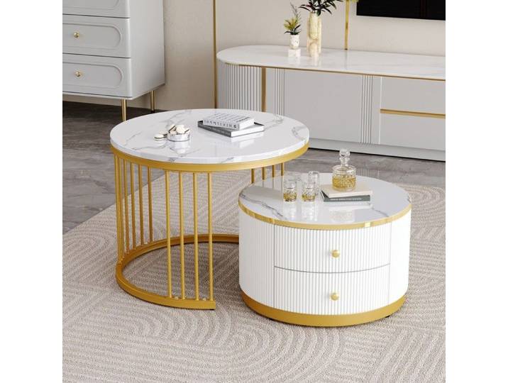 Table basse - PAGE LIVING - Nesting - Ensemble 2 pièces - 2 tiroirs - Plateau marbre brillant
