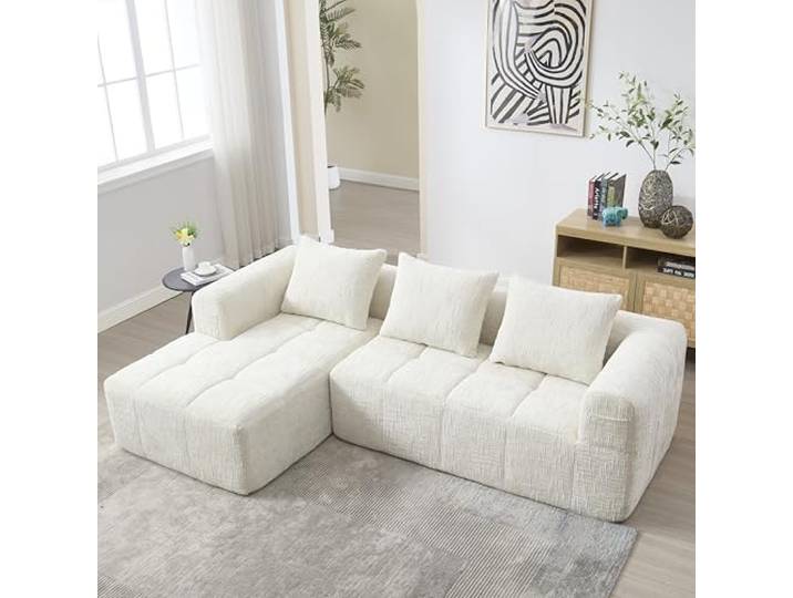 Ball & Cast Boneless Couch, L Couch mit Schlaffunktion, Chenille Modulares Sofa mit Seitentaschen, Montagefrei, Beige, 3 Sitze