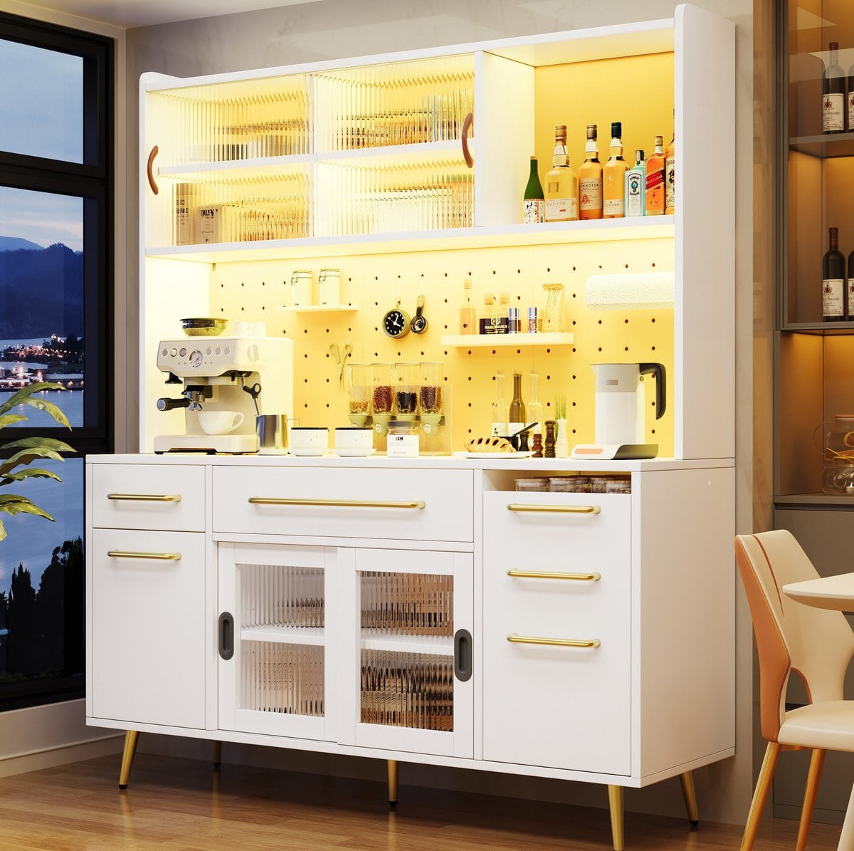 MODFU Keukenkast met LED-verlichting, Pegboard, Laden en Glazen Deur - Wit