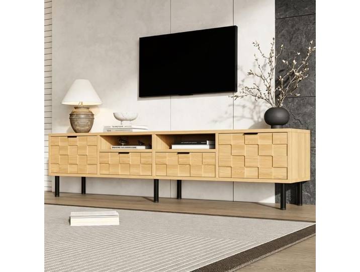 Meuble TV 200x35x44.5cm - 2 Tiroirs et 2 Espaces Ouverts - Meuble de Salon Design Mosaïque 3D Passage Câbles Finition Bois