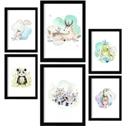 POSTER Set Mit 6 Tierfamilien Weißer Hintergrunddruck Mit Tierfamilienthemen Im Pastell Aquarell Stil Innenarchitektur A3 & A4 Schwarzer Rahmen