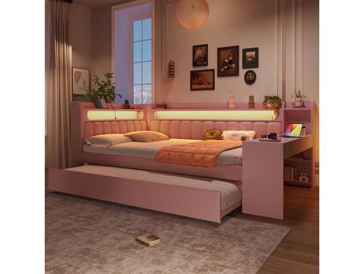 Lit banquette - KOMHTOM - Lit banquette 140x200 cm - LED 7 couleurs - USB intégré - Lit gigogne 90x190