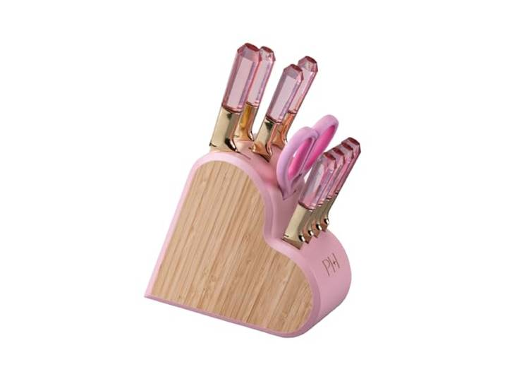 Paris Hilton Messerblock-Set – 10-teiliges Küchenmesser-Set in Herzform mit goldenen Klingen und Diamantgriffen – Reinigung per Hand