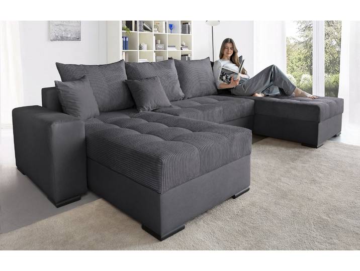 Wohnlandschaft COLLECTION AB Josy XL U-Form, B: 313 cm in Cord, Cord-Mix , grau (anthrazit, anthrazit), B:313cm H:84cm T:161cm, 100% Polyester, Sofas, Wohnlandschaft, Schlaffunktion, Bettkasten & 2 Zierkissen, Federkern