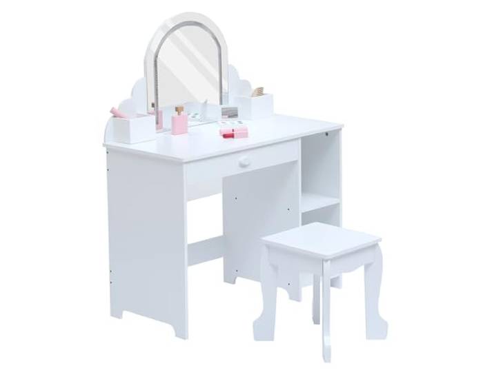 Zstar Praktischer LED Schminktisch Für Kinder – Holz Frisiertisch Mit Beleuchtetem Spiegel, Hocker, Bücherregal, Schublade & Offenen Fächern – Ideal Für Kinderzimmer & Spielzimmer-Weiß1