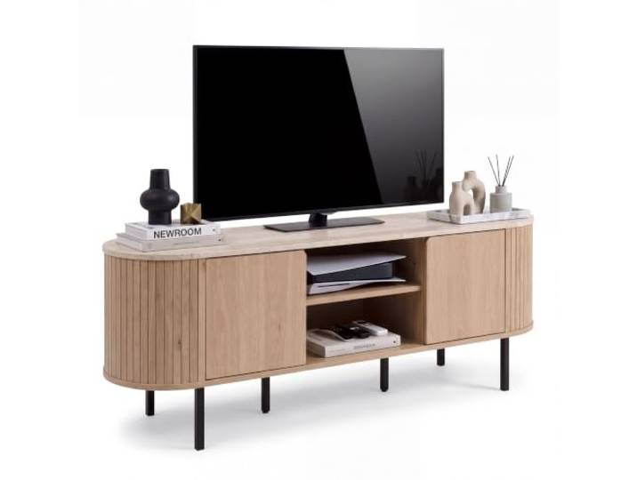 Newroom TV-Board Holz Lowboard TV-Schrank Fernsehschrank TV-Möbel Unterschrank modern, Japandi Stil, Dekor Eiche, Deckplatte Steinoptik, 2 Türen Push-to-open, 6 Metallfüße, 140x52x40 cm