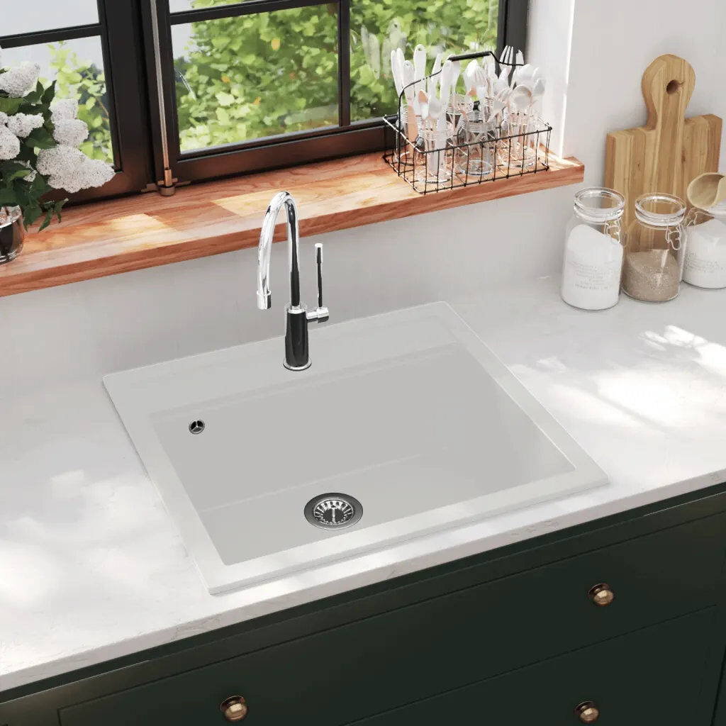 Belfry Kitchen Lenora 510mm W Single Bowl Stone Kitchen Sink White 565mm L