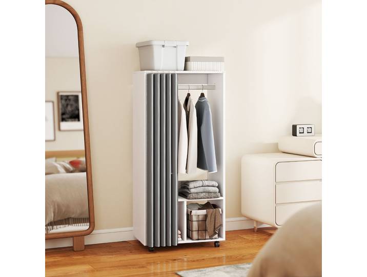 HOMCOM Armoire penderie mobile dressing avec rideau armoire de rangement 4 roulettes avec tringle de suspension et étagères, penderie vêtement roulant pour chambre, 60 x 40 x 128 cm blanc
