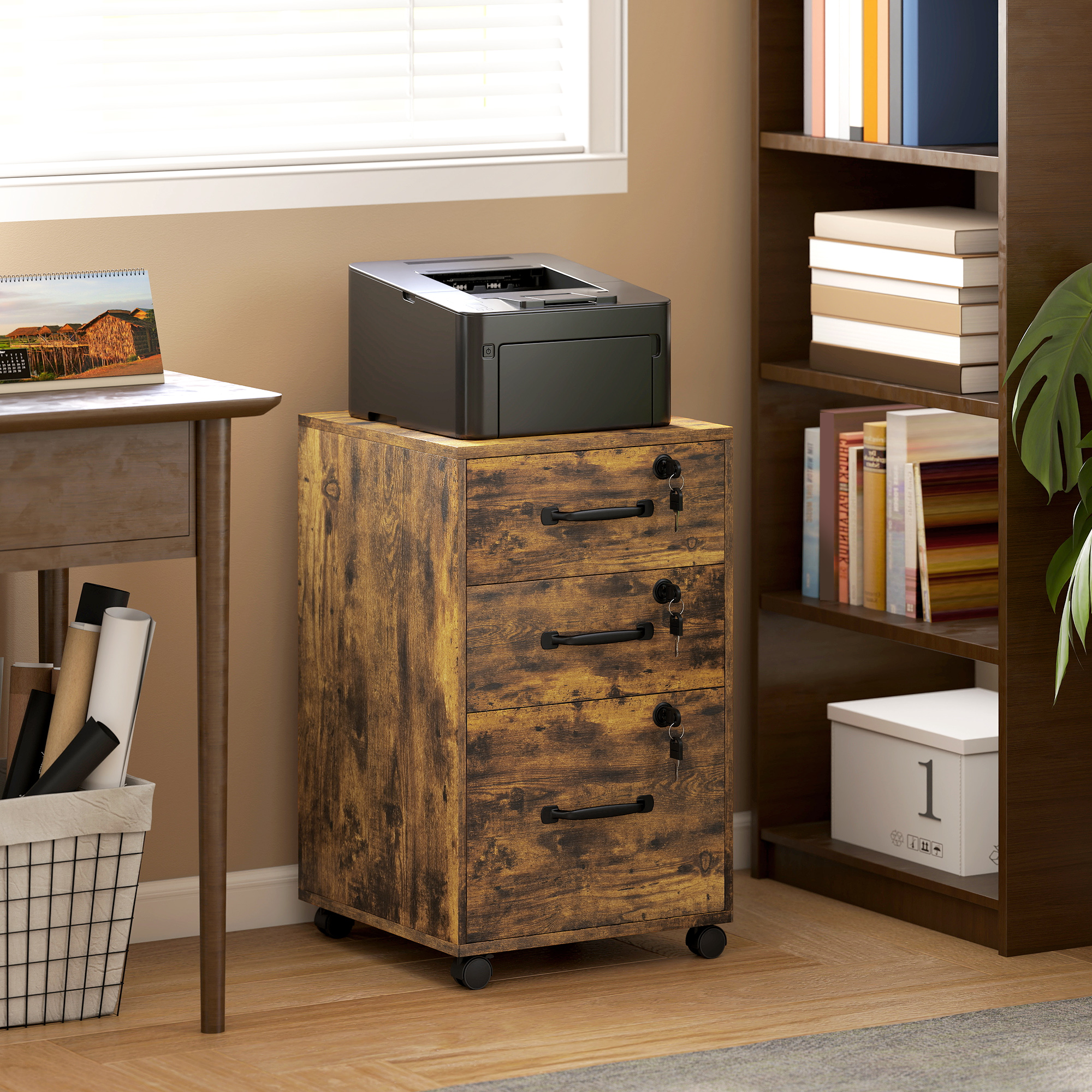 Homcom Cassettiera da ufficio mobile con 3 cassetti richiudibili, 40x40x69,5 cm, marrone   Aosom Italy