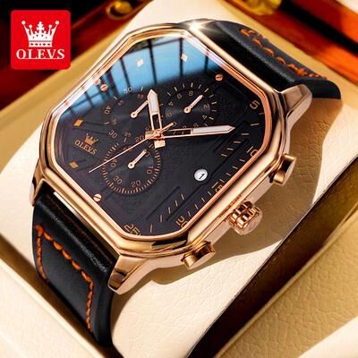 Youfap Market Square Waterproof Chronograph Quartz Watch, Trend Brand Original Men's Watches, Luminous Leather Strap Male Wristwatch rose