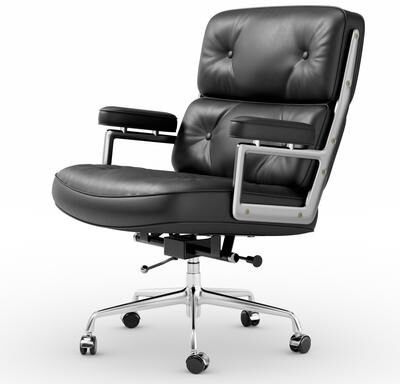 Furgle Black Genuine Leather Mid-Back Executive Office Chair With Aluminum Alloy Frame
