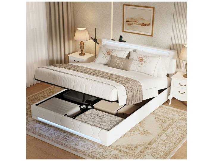 Lit double 140x190 cm LUMINARIX Lit Coffre éclairage LED USB et Type-C Lit rembourré Support à ressort à gaz Tissu en lin