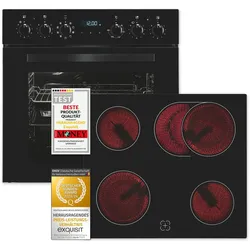 Exquisit Einbauherdset EHE285-HBZ-020-Set schwarz | 75 l Garraumvolumen | 9 Backofenprogramme | Kochfeld mit Rahmen | Energieklasse A