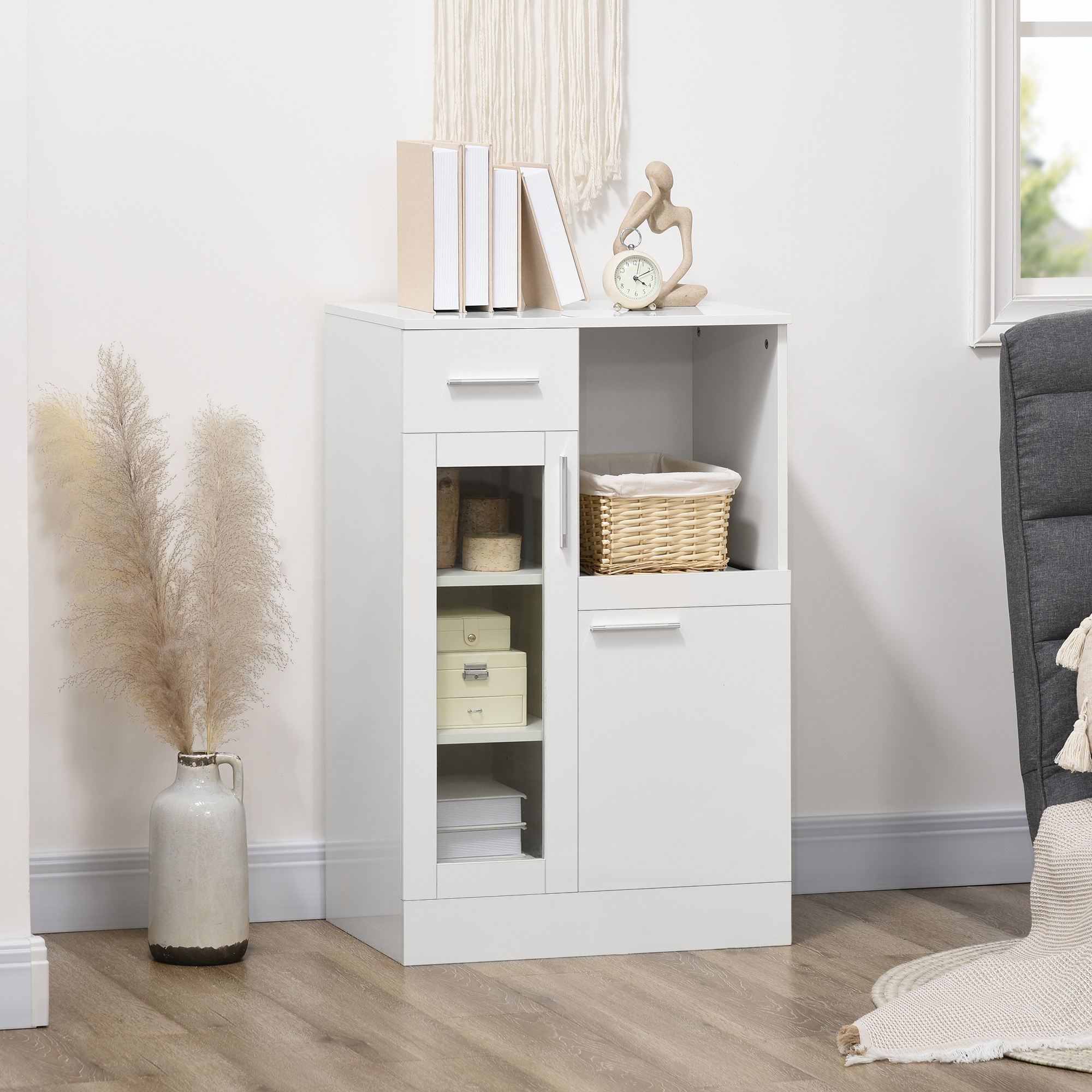 Homcom Credenza Multiuso Moderna con 2armadietti, mensola estraibile e cassetto, da Cucina Salvaspazio in Legno e Vetro 60x40x95cm, Bianco Aosom Italy