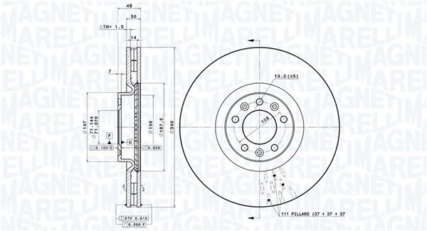 Magneti Marelli Bremsscheibe 360406109901 Innenbelüftet-Belüftung Mit Tropfenförmigen Flügeln 340mm 30mm Für Peugeot (Df-Psa)