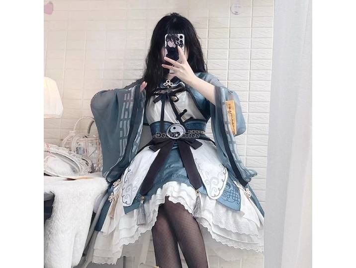 2025 Ensemble de robe lolita quotidienne, style rétro chinois amélioré, inspiré de la tenue de prêtre lolita, avec cheongsam à grandes manches et dentelle, et éléments Hanfu