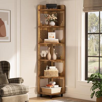 YUZHOU 6-Tier Narrow Corner Shelf Stand, 71-Inch Rustic Tall Corner Bookshelf