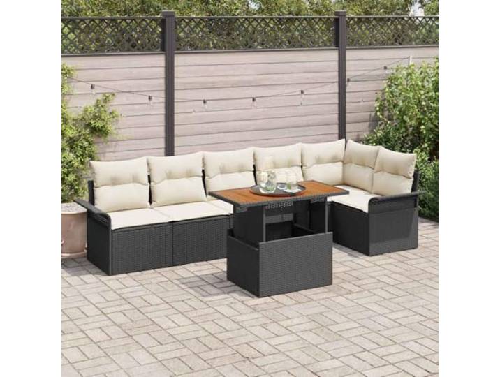 Garten-Sofa-Set 7 stk. Schwarz Poly Rattan Modular, Integrierter Stauraum, Pulverbeschichteter Stahlrahmen, Wetterfest, Esszimmer-Set für draußen