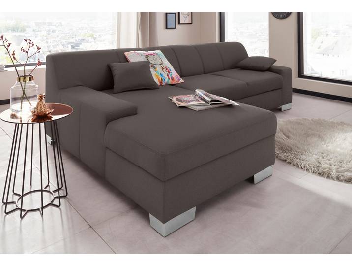 Ecksofa DOMO COLLECTION Bero, elegant und zeitlos, flache Armlehnen, Breite 268cm L-Form , grau (stone), B:268cm H:74cm T:153cm, Feinstruktur (100% Polyester);Luxus-Microfaser (100% Polyester);Zierkissen: Im jeweiligen Bezugsstoff;Struktur fein (100% Polyester), Sofas, Ecksofa, fester Sitzkomfort, wahlweise mit Bettfunktion