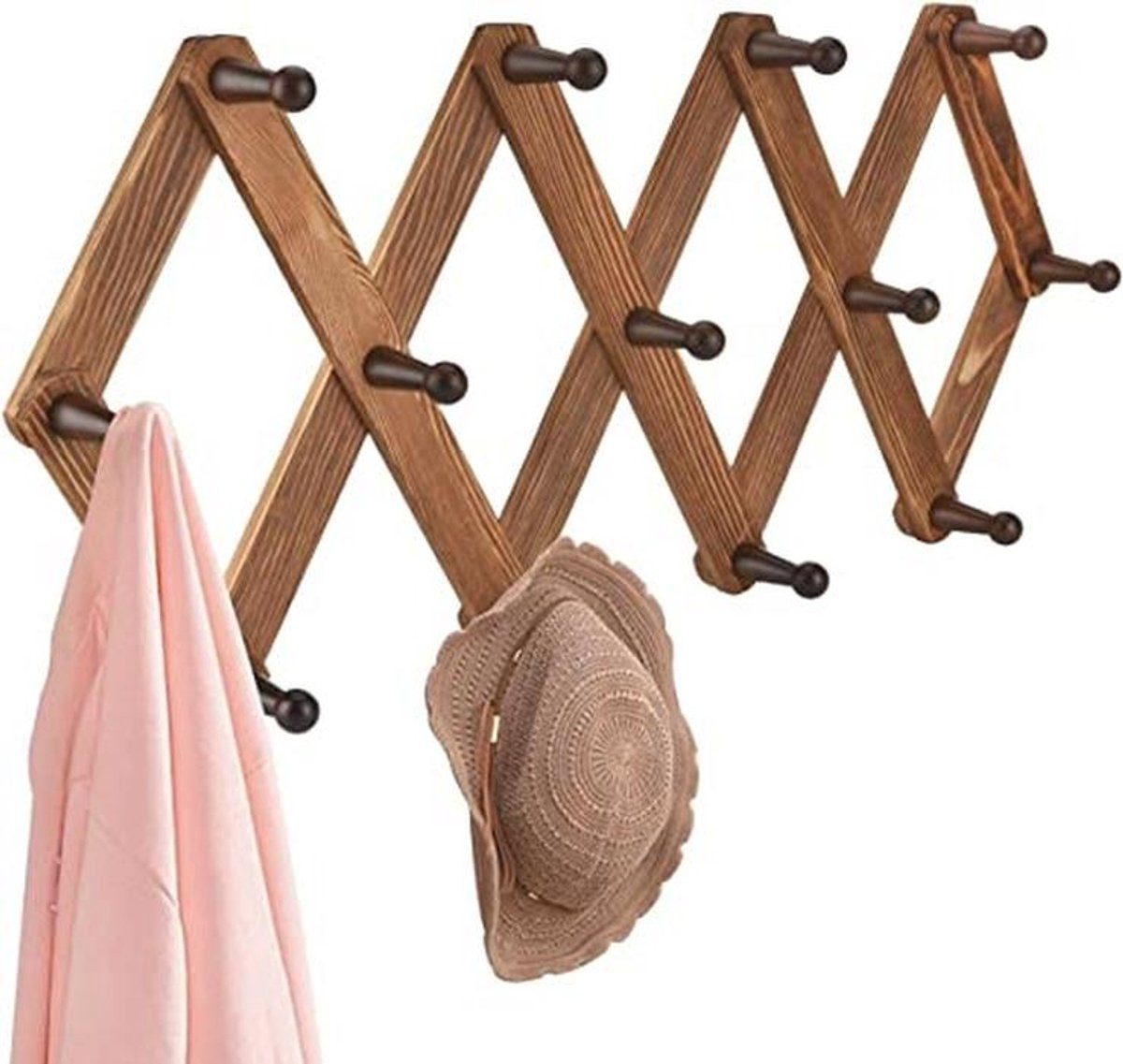 Vintage Houten Uitbreidbare Peg Rack - Multifunctionele Accordeon Wandhanger met 13 Haken voor Hoeden, Jassen en Sieraden